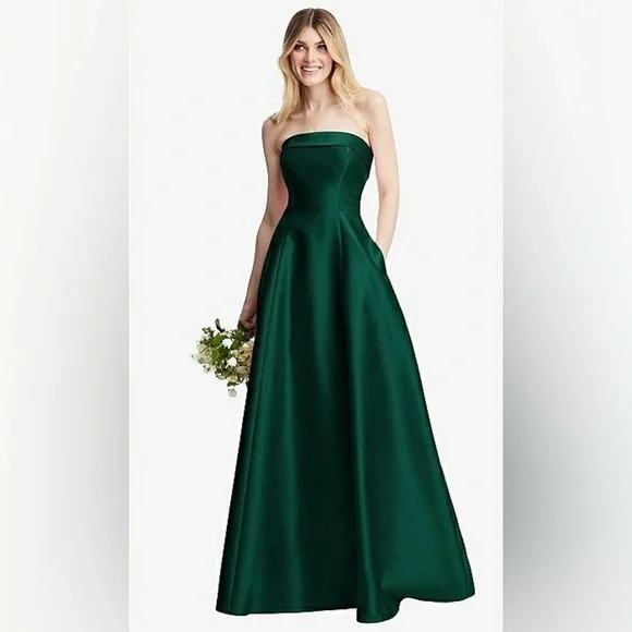 NWT Alfred Sung Hunter Green Strapless Bias Cuff Bodice Satin Gown, Pockets, 14R - Picture 4 of 15